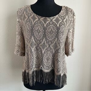 Vintage Giorgio Sant’Angelo Metallic Lace Fringe Top 18 Sheer Knit Boho Festival